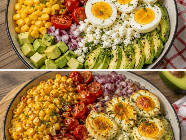 Knusprige Avocado-Eier-Bowl mit Mais, Tomaten und Feta aus dem Ofen