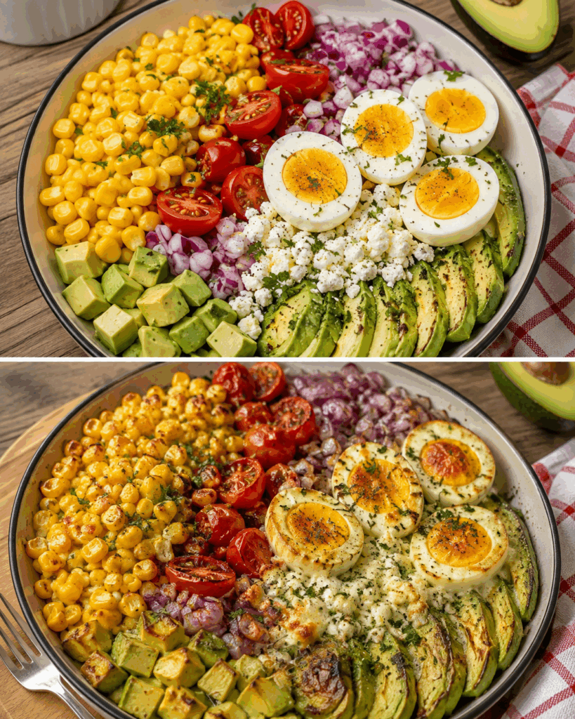 Knusprige Avocado-Eier-Bowl mit Mais, Tomaten und Feta aus dem Ofen