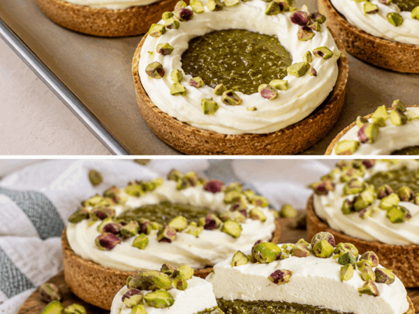 Pistazien-Tartelettes mit Mascarponecreme und flüssigem Pistazienkern