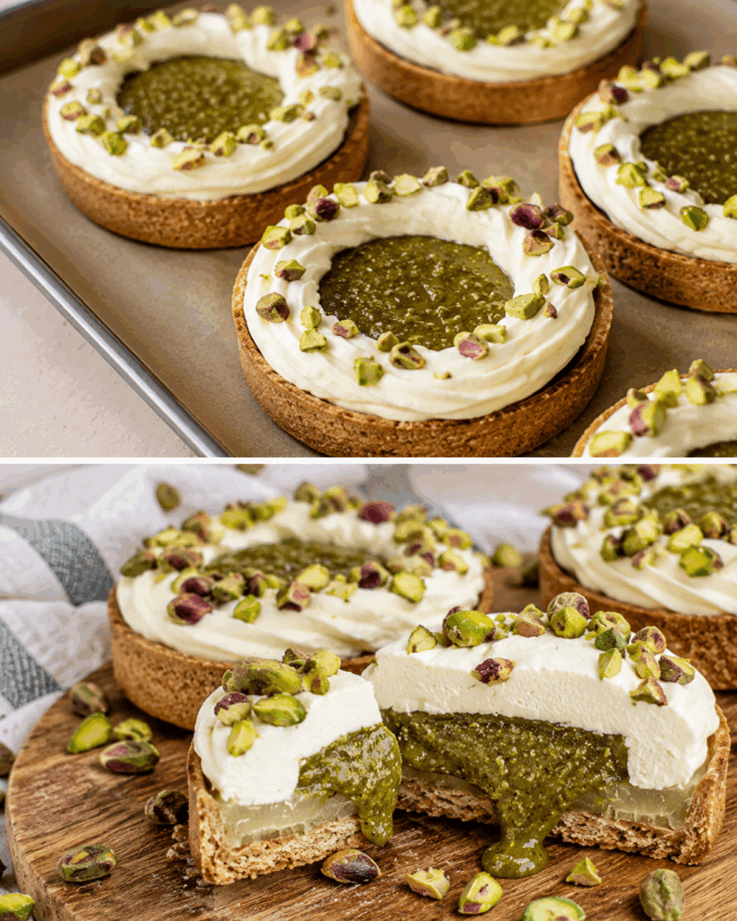 Pistazien-Tartelettes mit Mascarponecreme und flüssigem Pistazienkern