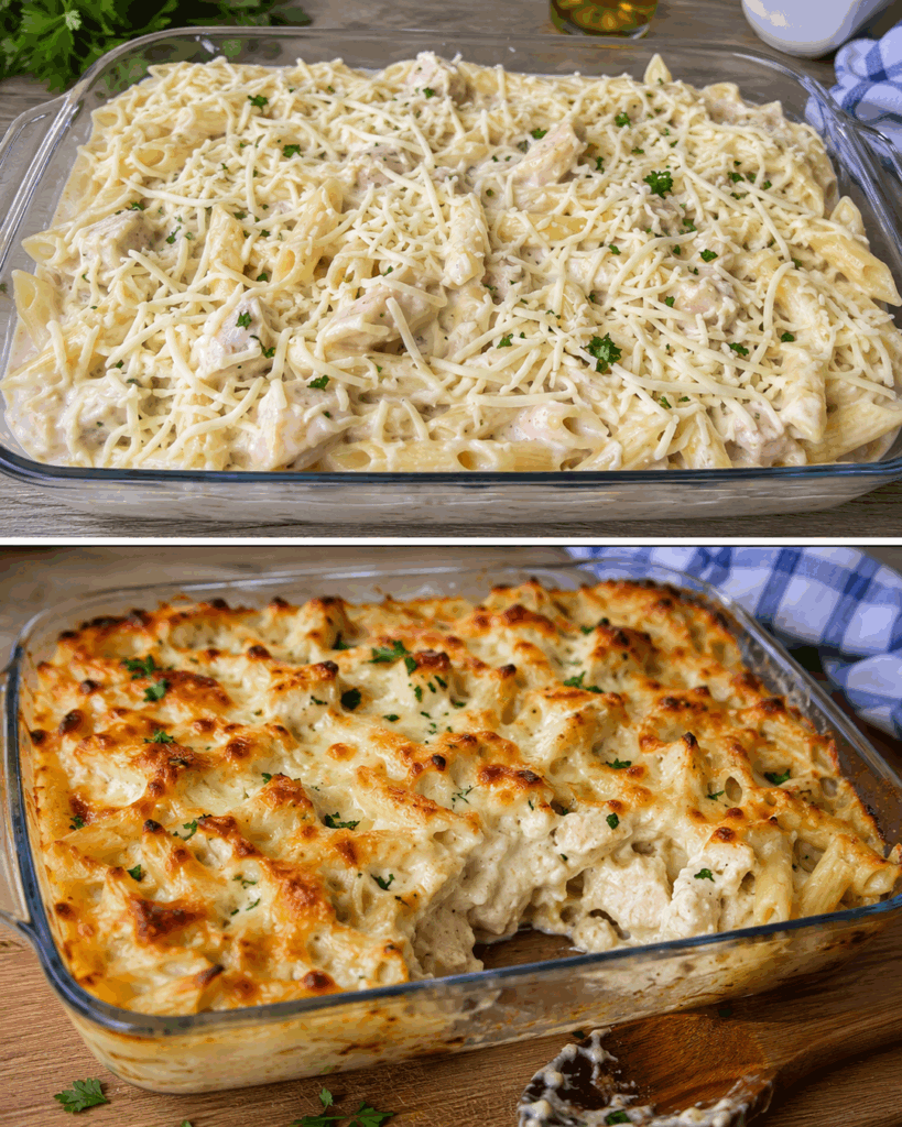 Cremiger Hähnchen-Pasta-Auflauf mit goldener Käsekruste – dieses Familienessen macht alle satt