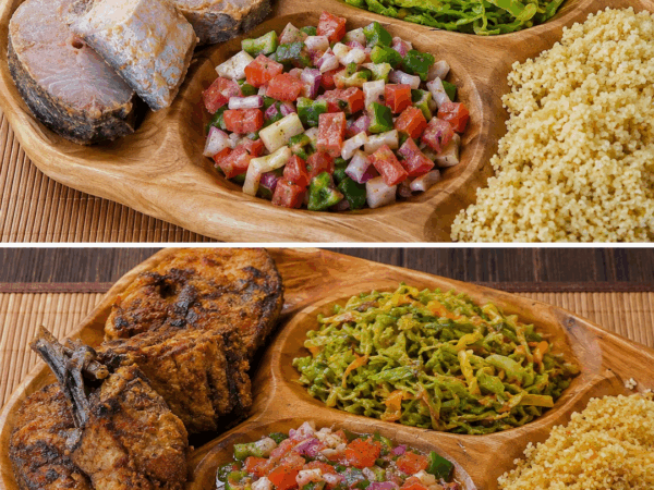 Knuspriger Pfannenfisch mit Couscous, Schmorkohl und frischem Tomatensalat