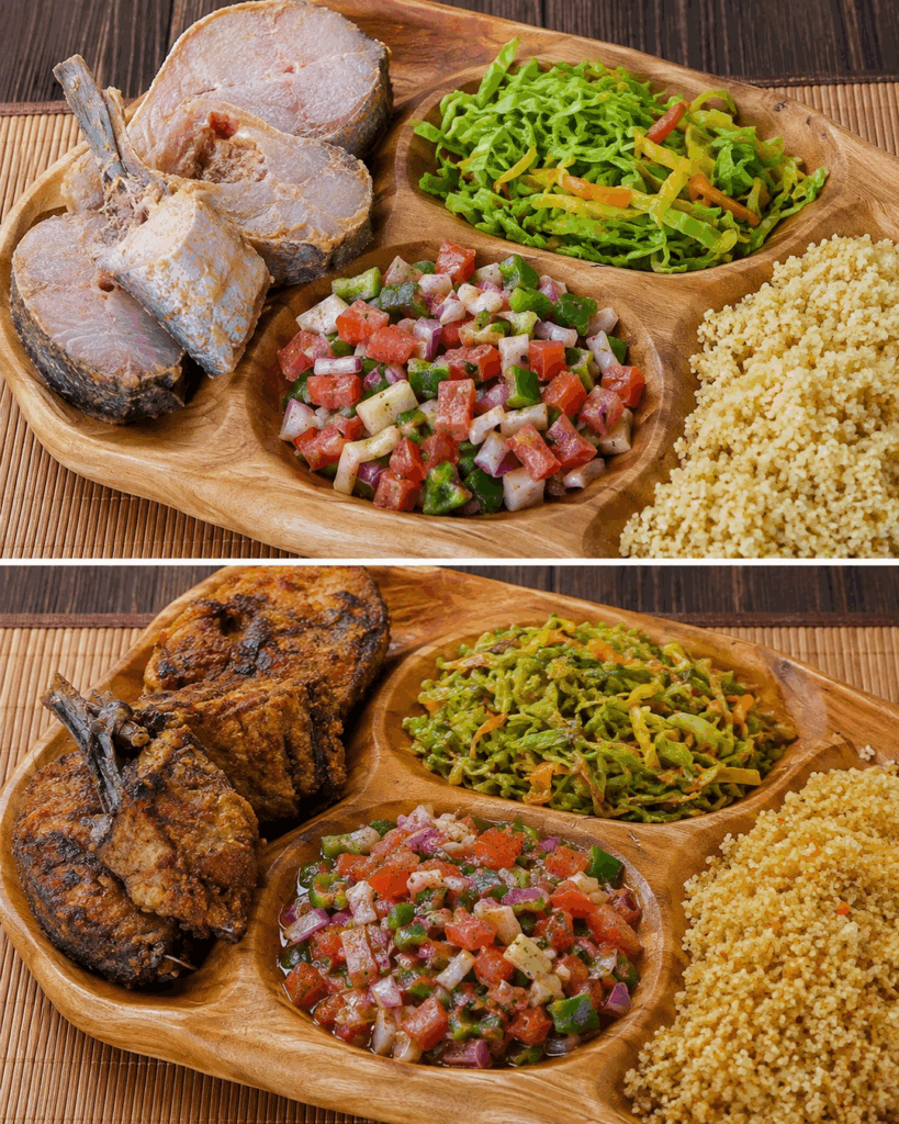 Knuspriger Pfannenfisch mit Couscous, Schmorkohl und frischem Tomatensalat