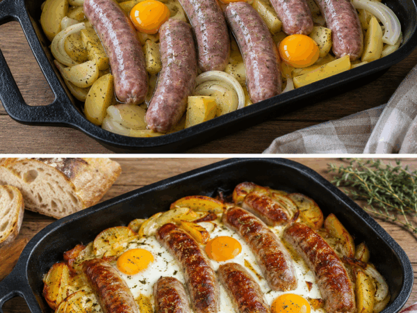 Rustikale Bauernpfanne mit Bratwurst, Kartoffeln und Spiegelei – herzhaftes Ofengericht für die ganze Familie