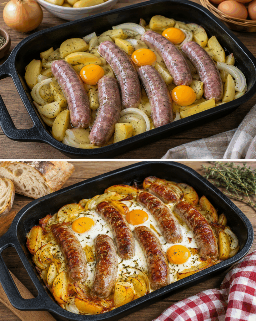 Rustikale Bauernpfanne mit Bratwurst, Kartoffeln und Spiegelei – herzhaftes Ofengericht für die ganze Familie