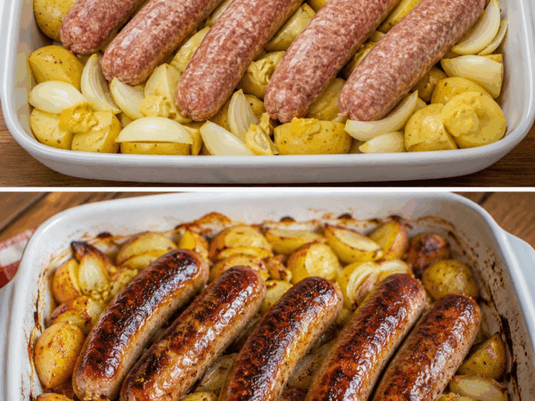 Diese knusprigen Ofenwürstchen mit Senf-Kartoffeln sind so einfach – und die ganze Familie wird satt