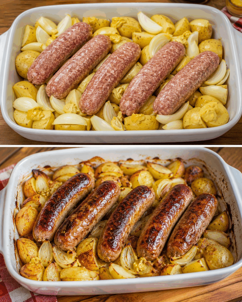 Diese knusprigen Ofenwürstchen mit Senf-Kartoffeln sind so einfach – und die ganze Familie wird satt