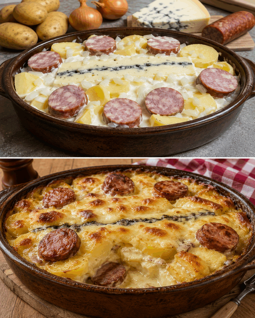 Cremiger Kartoffel-Morbier-Auflauf mit Morteau-Wurst – herzhaft überbacken wie in Frankreich