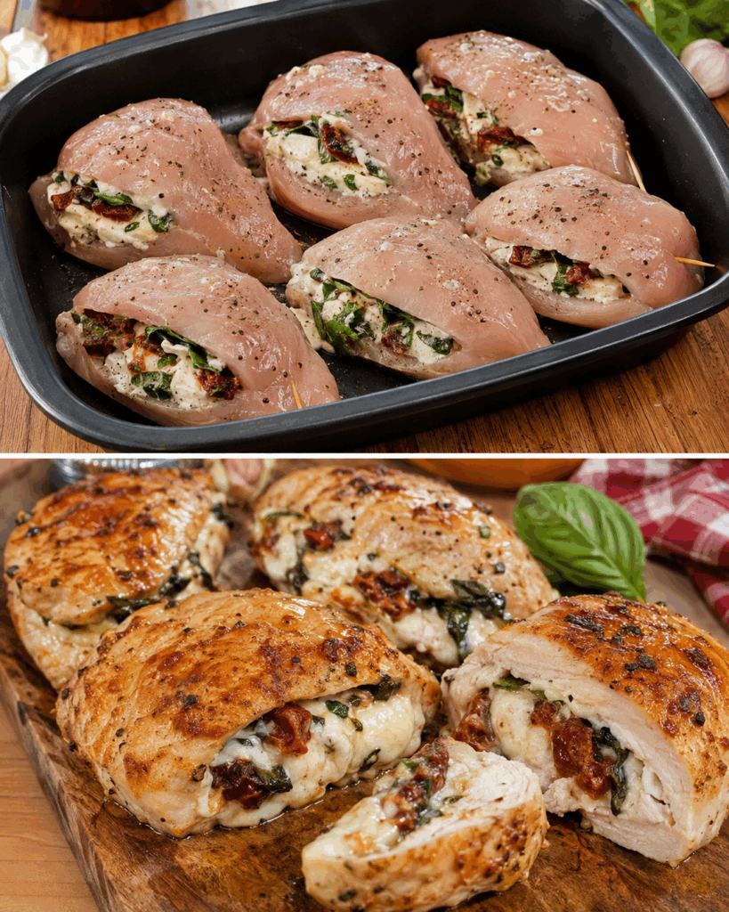 Saftige Hähnchenbrust mit Mozzarella, Spinat und getrockneten Tomaten