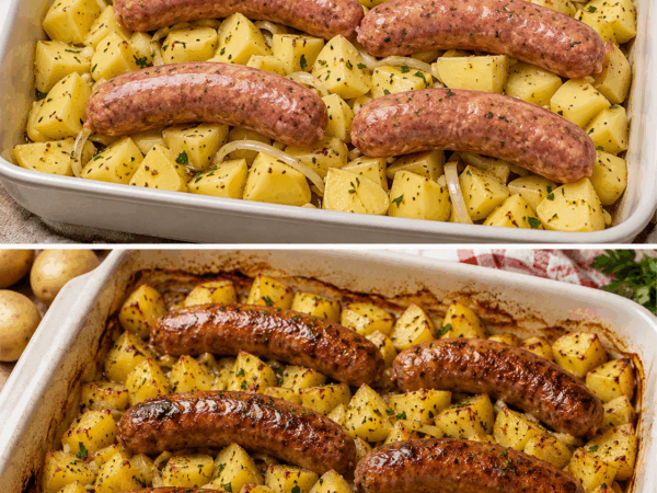 Ofenwürstchen mit knusprigen Kartoffeln und Senf