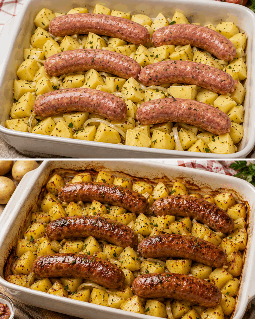 Ofenwürstchen mit knusprigen Kartoffeln und Senf