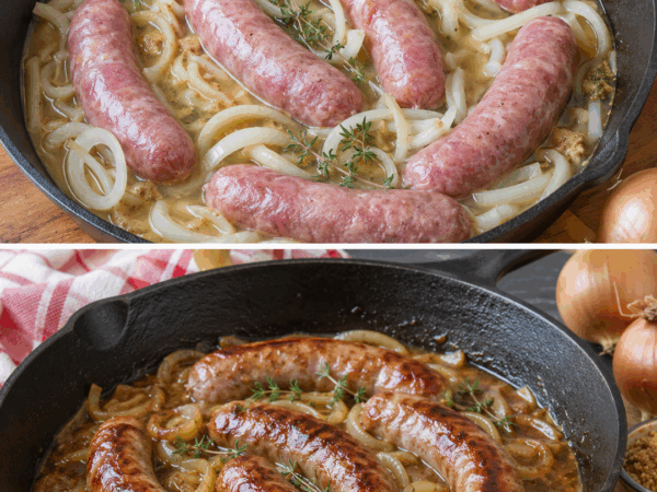 Deftige Bratwurstpfanne mit Senf und Zwiebeln – würzig, saftig und herrlich cremig