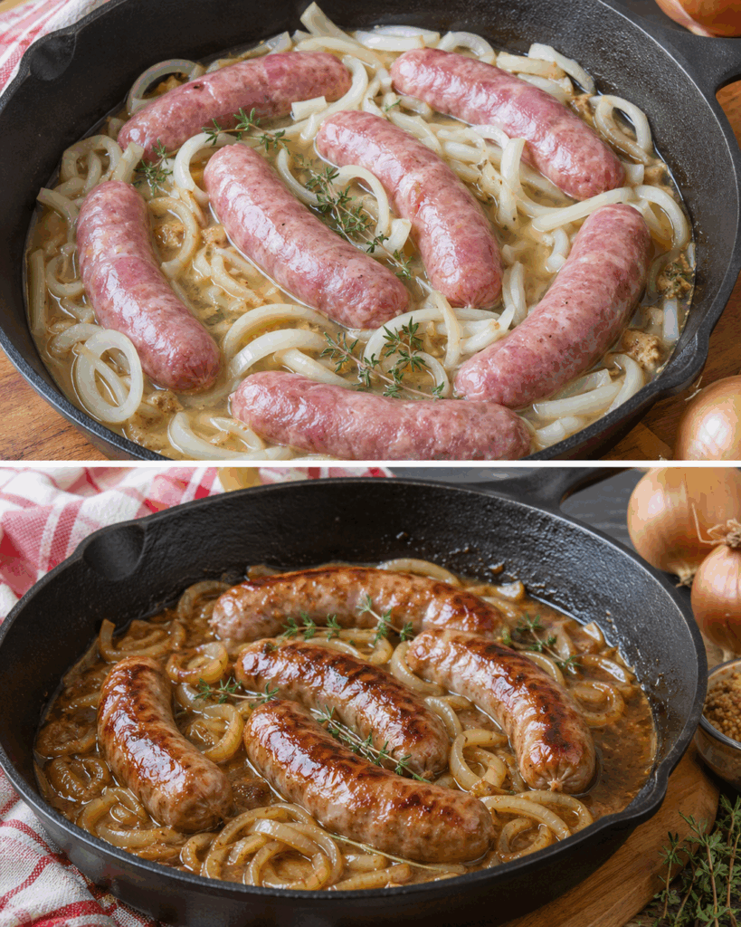 Deftige Bratwurstpfanne mit Senf und Zwiebeln – würzig, saftig und herrlich cremig