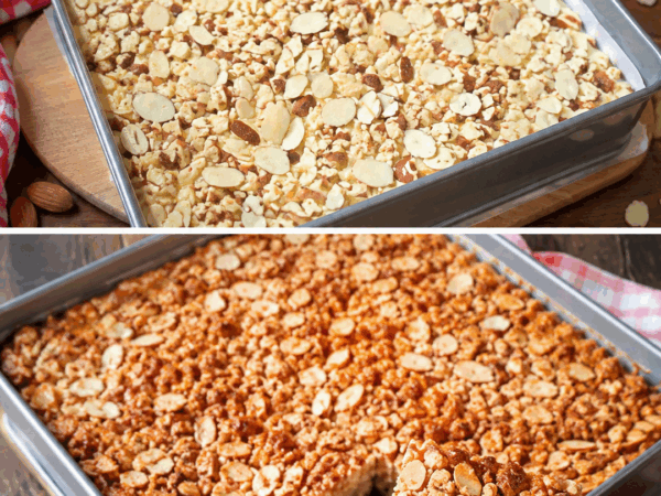 Saftiger Mandelkuchen vom Blech mit knuspriger Karamell-Mandelkruste