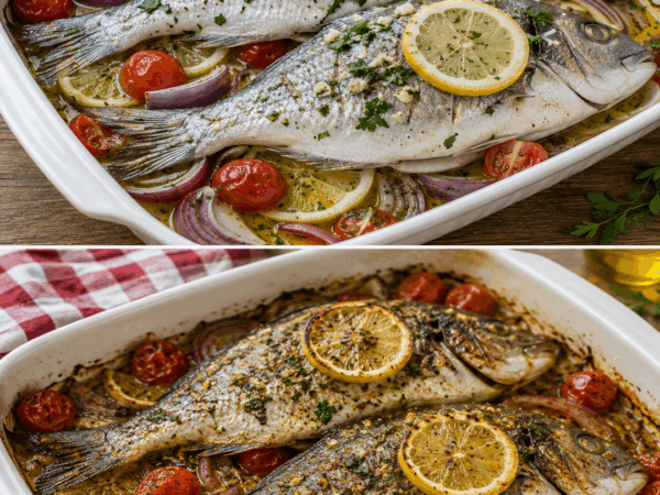 Saftige Dorade aus dem Ofen mit Zitrone, Kräutern und Kirschtomaten