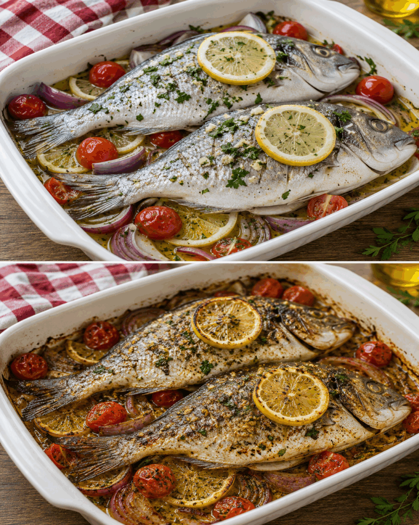 Saftige Dorade aus dem Ofen mit Zitrone, Kräutern und Kirschtomaten