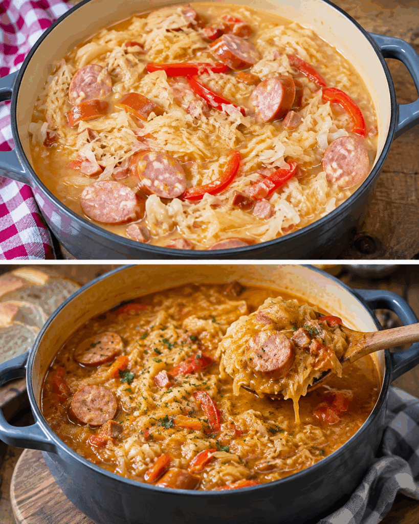 Herzhafte Sauerkrautsuppe mit Würstchen – deftig, cremig und perfekt für die ganze Familie