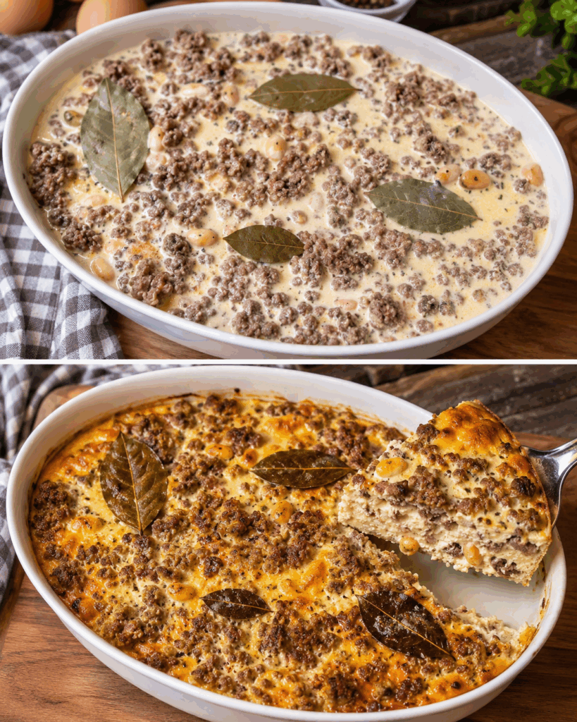 Herzhafter Hackfleisch-Bohnen-Auflauf mit cremiger Eierkruste