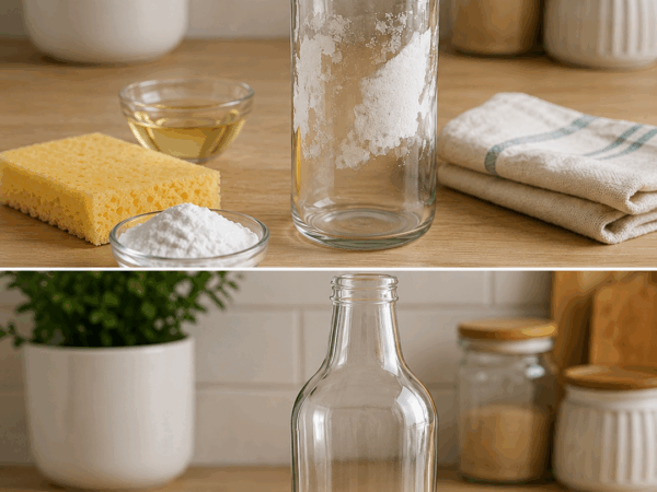 Klebereste von Glasflaschen mit warmem Wasser und Öl lösen