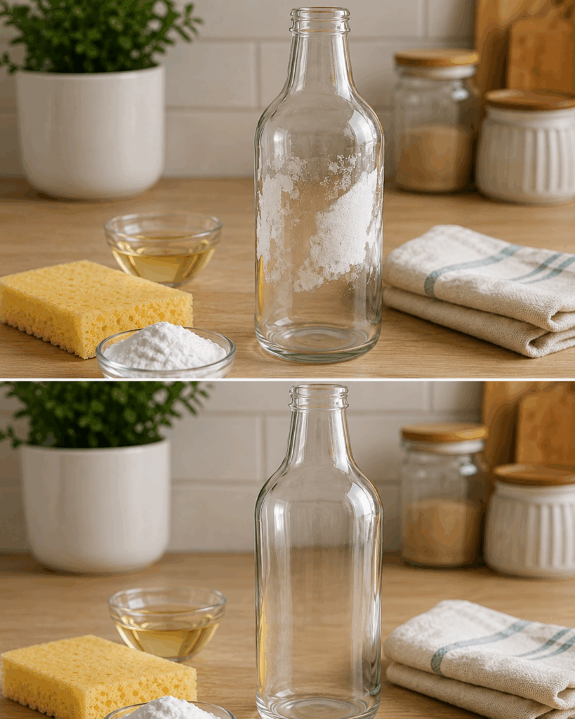 Klebereste von Glasflaschen mit warmem Wasser und Öl lösen