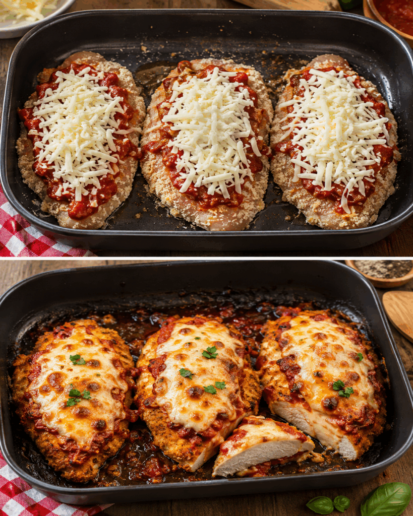 Knuspriges Hähnchen Parmigiana mit Tomatensauce und Mozzarella