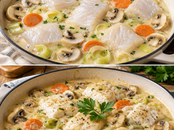 Cremige Fischpfanne mit Lauch, Möhren und Champignons – zart, einfach und unglaublich lecker