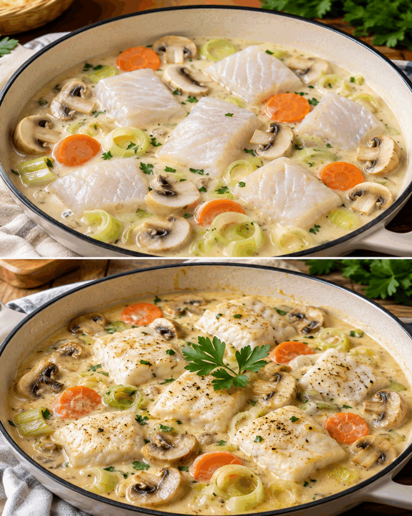 Cremige Fischpfanne mit Lauch, Möhren und Champignons – zart, einfach und unglaublich lecker