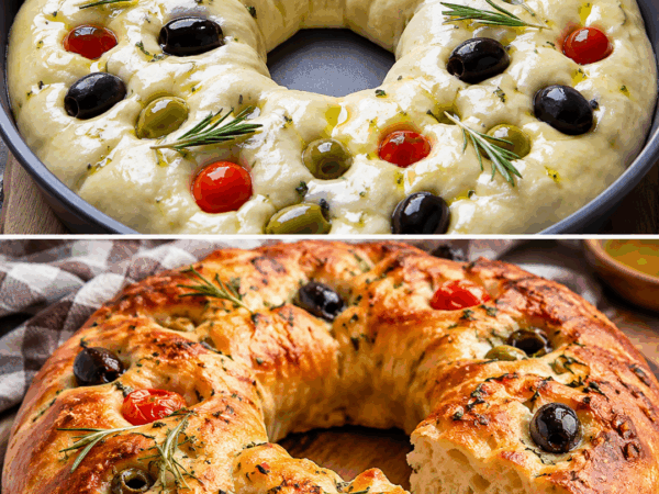 Knuspriger Focaccia-Kranz mit Oliven, Kirschtomaten und Rosmarin – außen goldbraun, innen herrlich luftig