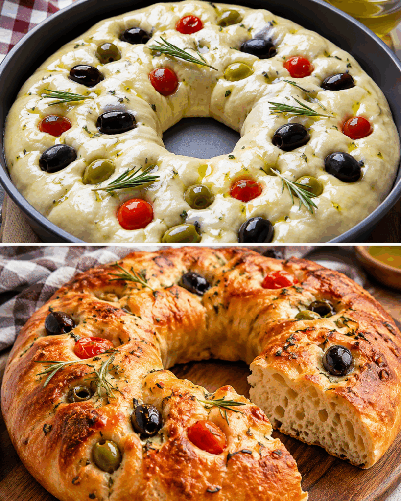 Knuspriger Focaccia-Kranz mit Oliven, Kirschtomaten und Rosmarin – außen goldbraun, innen herrlich luftig