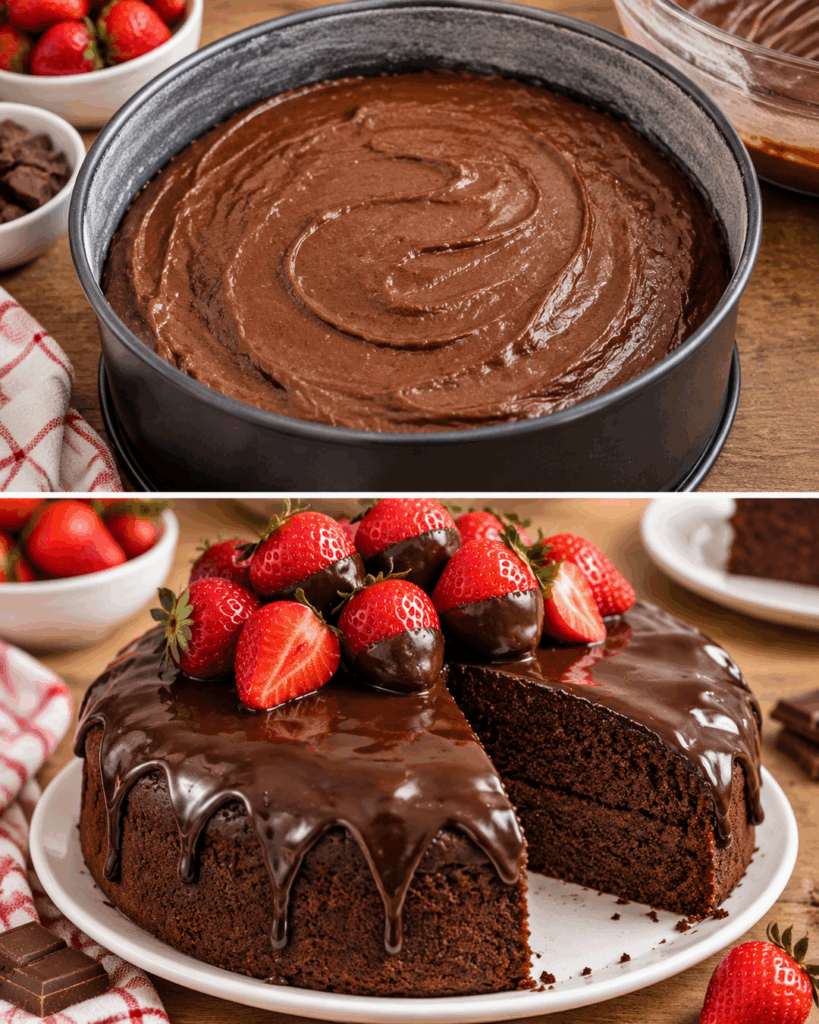 Saftiger Schoko-Erdbeer-Kuchen mit glänzender Ganache – einfach, schokoladig und unwiderstehlich