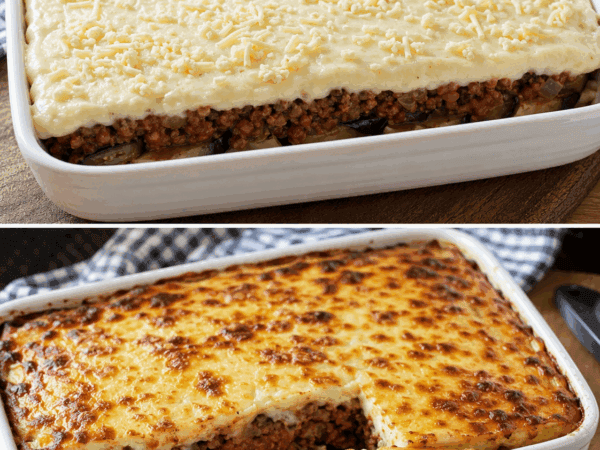 Griechische Moussaka mit Auberginen, würziger Hackfleischsauce und cremiger Béchamel
