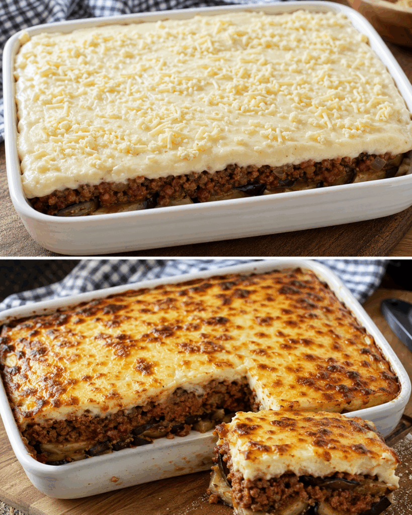 Griechische Moussaka mit Auberginen, würziger Hackfleischsauce und cremiger Béchamel