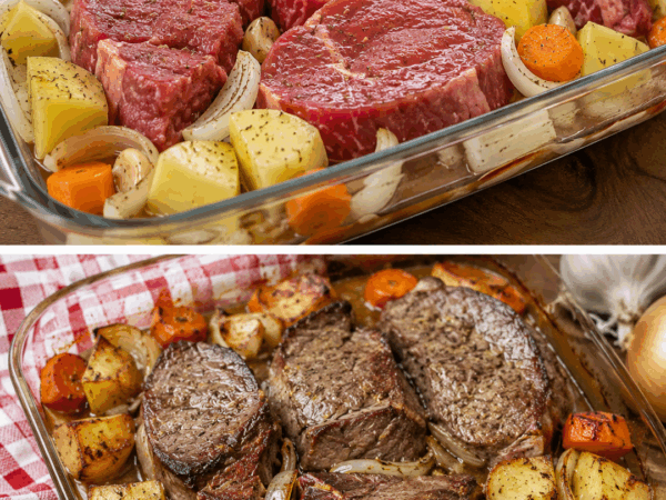Saftiges Ofen-Rindfleisch mit knusprigen Kartoffeln und Möhren – alles aus einer Form