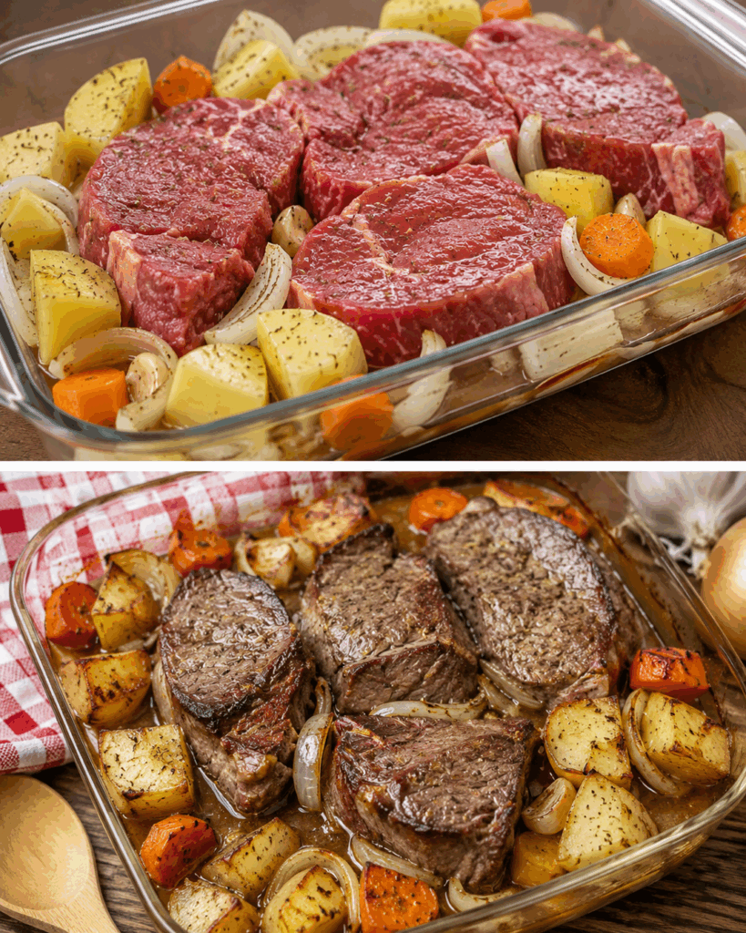 Saftiges Ofen-Rindfleisch mit knusprigen Kartoffeln und Möhren – alles aus einer Form