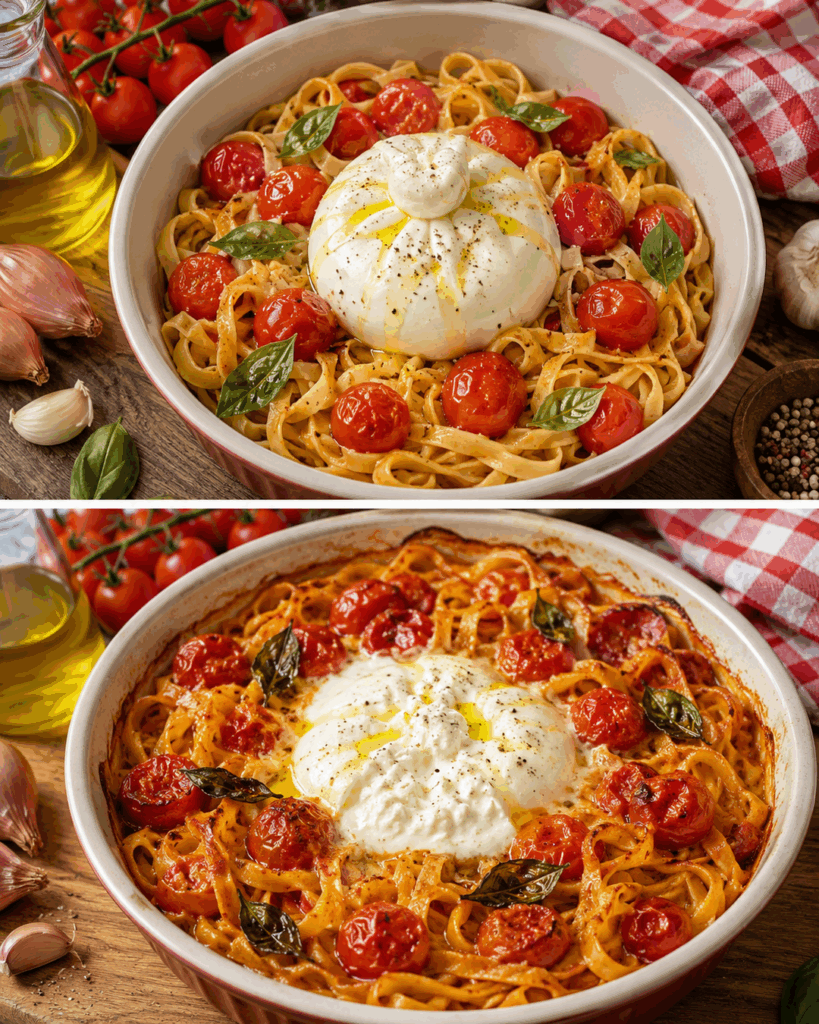 Cremige Tagliatelle mit Ofentomaten und Burrata – einfach, aromatisch und unwiderstehlich