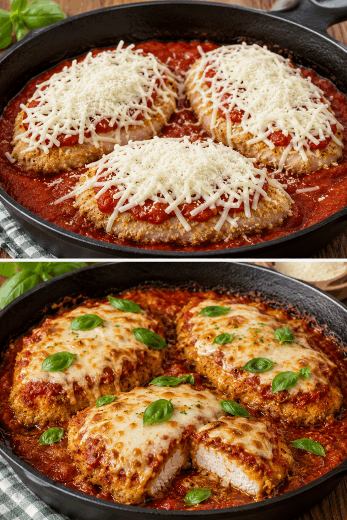 Knuspriges Hähnchen Parmigiana mit Tomatensauce und goldener Käsekruste