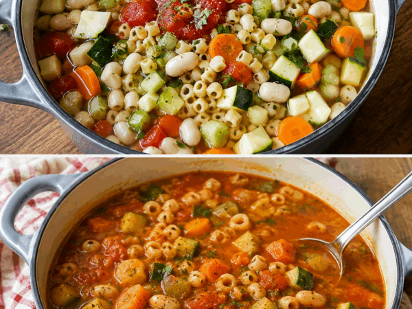 Herzhafte Minestrone mit Gemüse, weißen Bohnen und kleinen Nudeln
