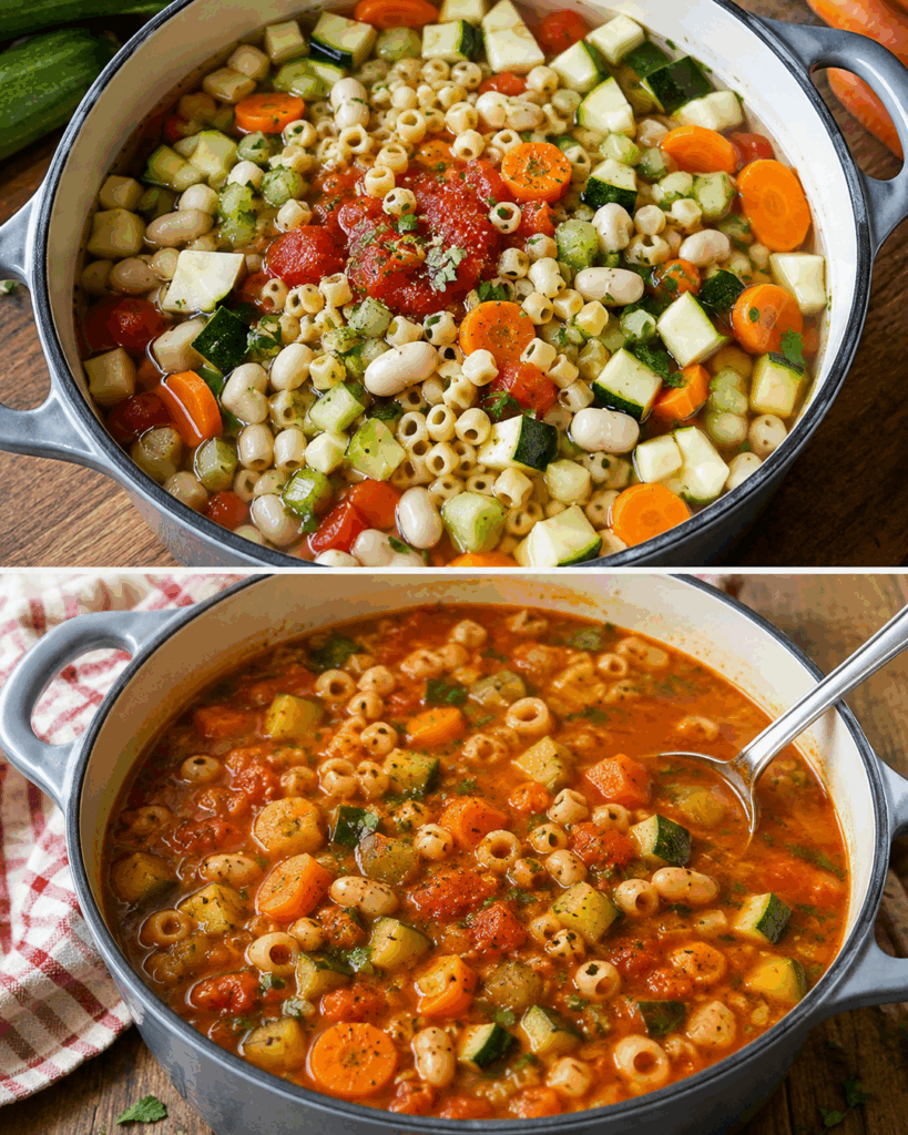 Herzhafte Minestrone mit Gemüse, weißen Bohnen und kleinen Nudeln