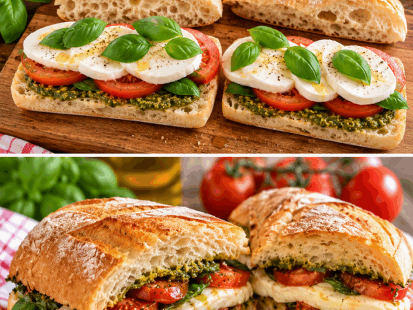 Knuspriges Tomaten-Mozzarella-Ciabatta mit Pesto und Basilikum – in 20 Minuten fertig
