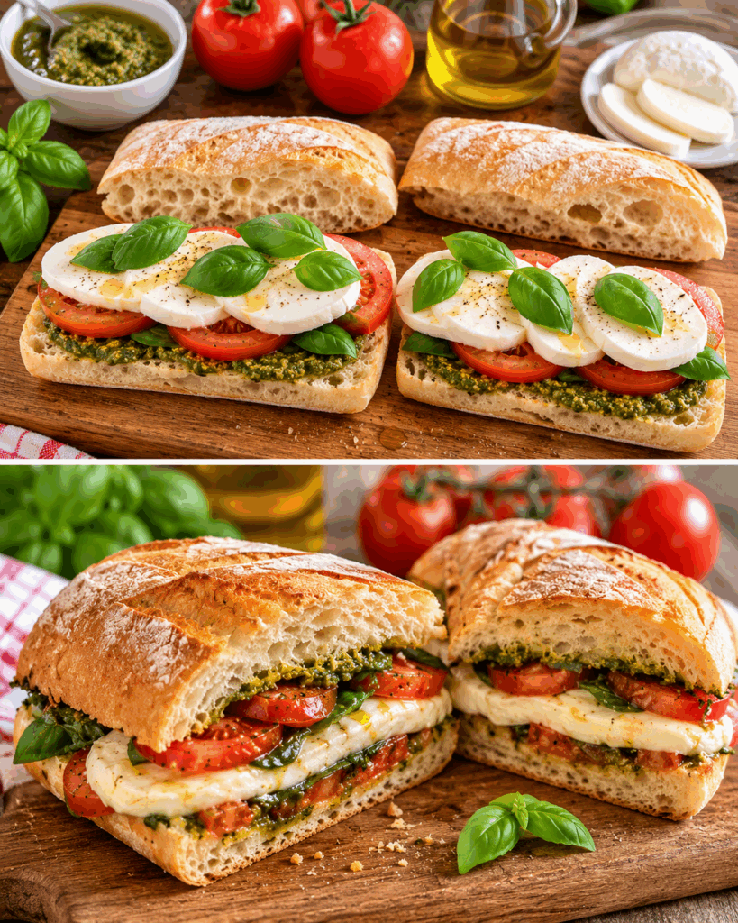 Knuspriges Tomaten-Mozzarella-Ciabatta mit Pesto und Basilikum – in 20 Minuten fertig