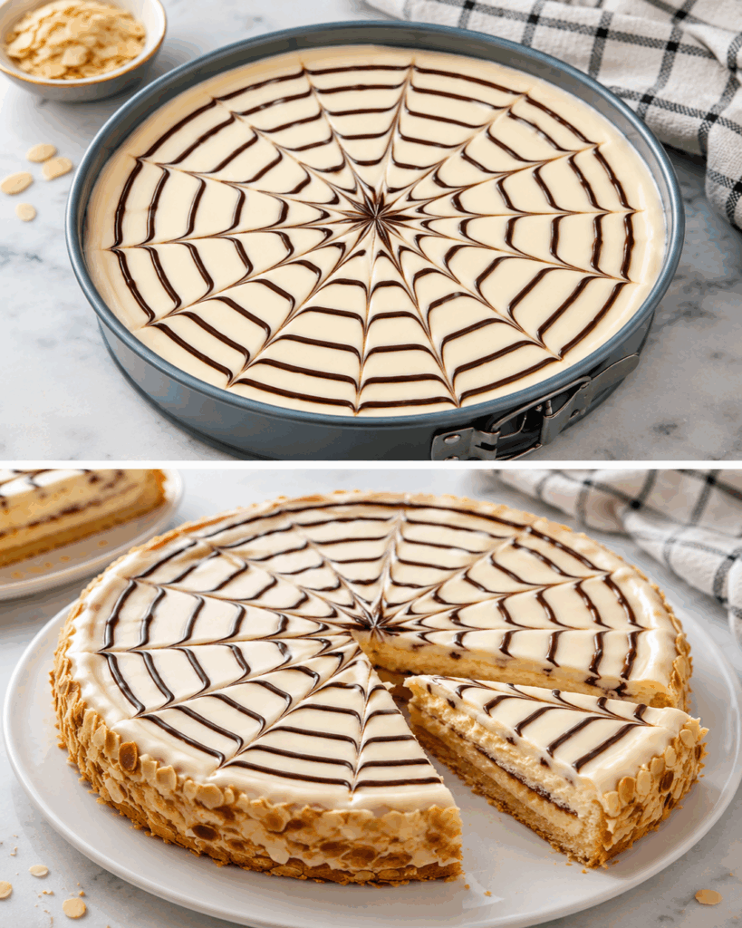 Cremige Spinnennetz-Torte mit Vanillecreme und Mandeln – ein echter Blickfang für die Kaffeetafel
