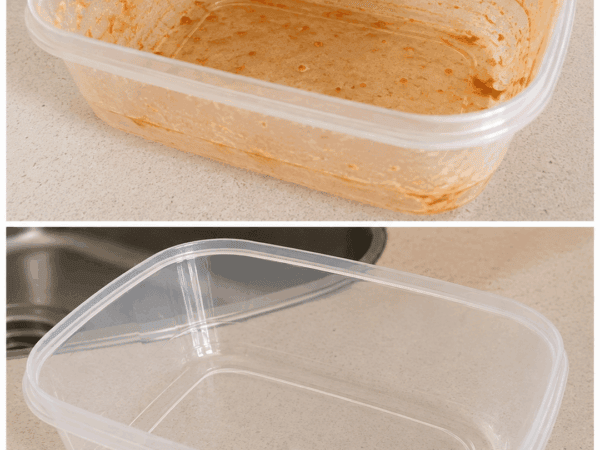 Tomatenflecken in Plastikdosen mit Spülmittel und Natron entfernen