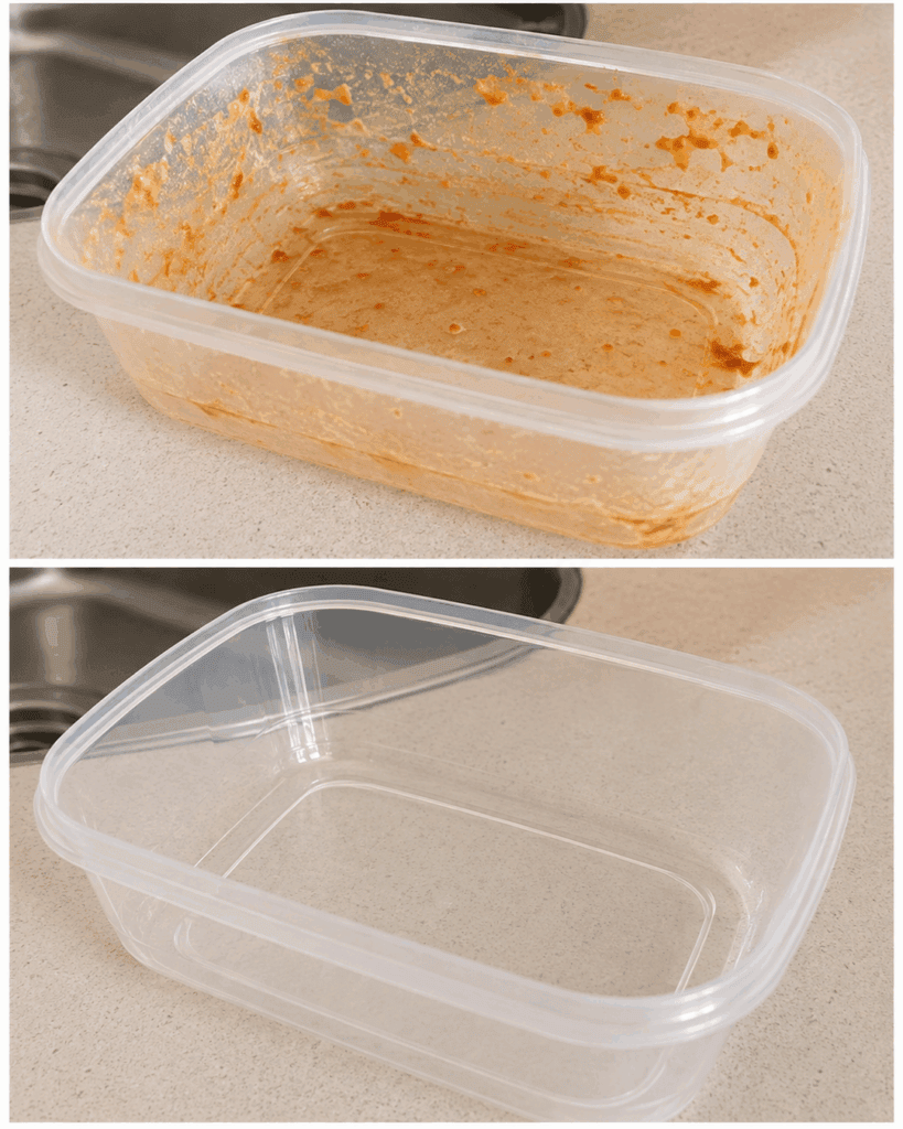 Tomatenflecken in Plastikdosen mit Spülmittel und Natron entfernen