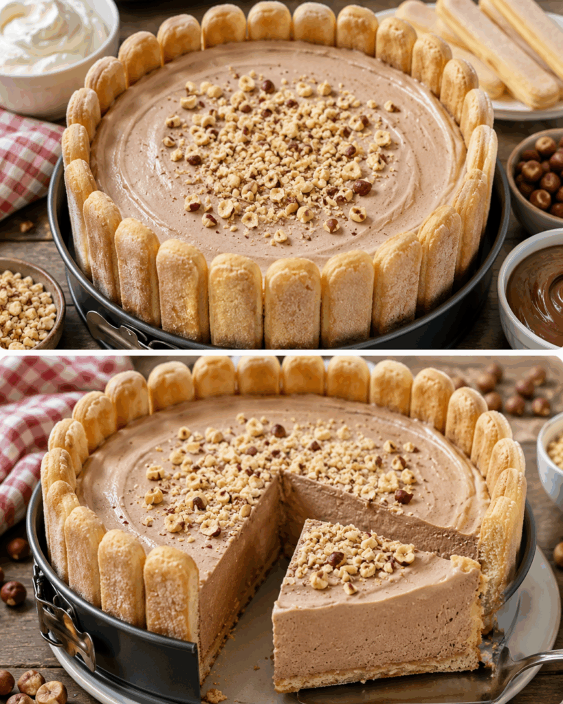 Cremige Nutella-Torte ohne Backen – mit Löffelbiskuits und knusprigen Haselnüssen