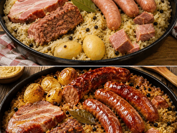 Deftiger Sauerkrauttopf mit Bratwurst, Kasseler und Kartoffeln aus dem Ofen