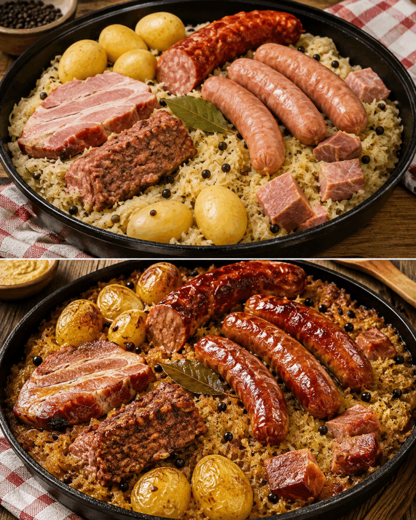 Deftiger Sauerkrauttopf mit Bratwurst, Kasseler und Kartoffeln aus dem Ofen