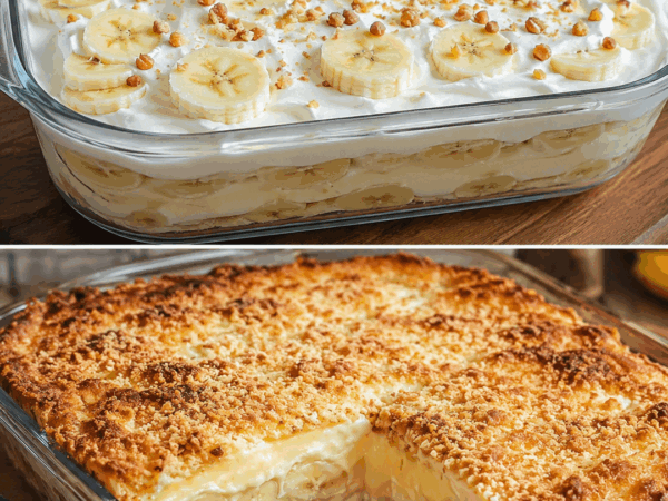 Cremiger Bananen-Pudding-Auflauf mit knuspriger Keksdecke – ein Dessert, das alle lieben