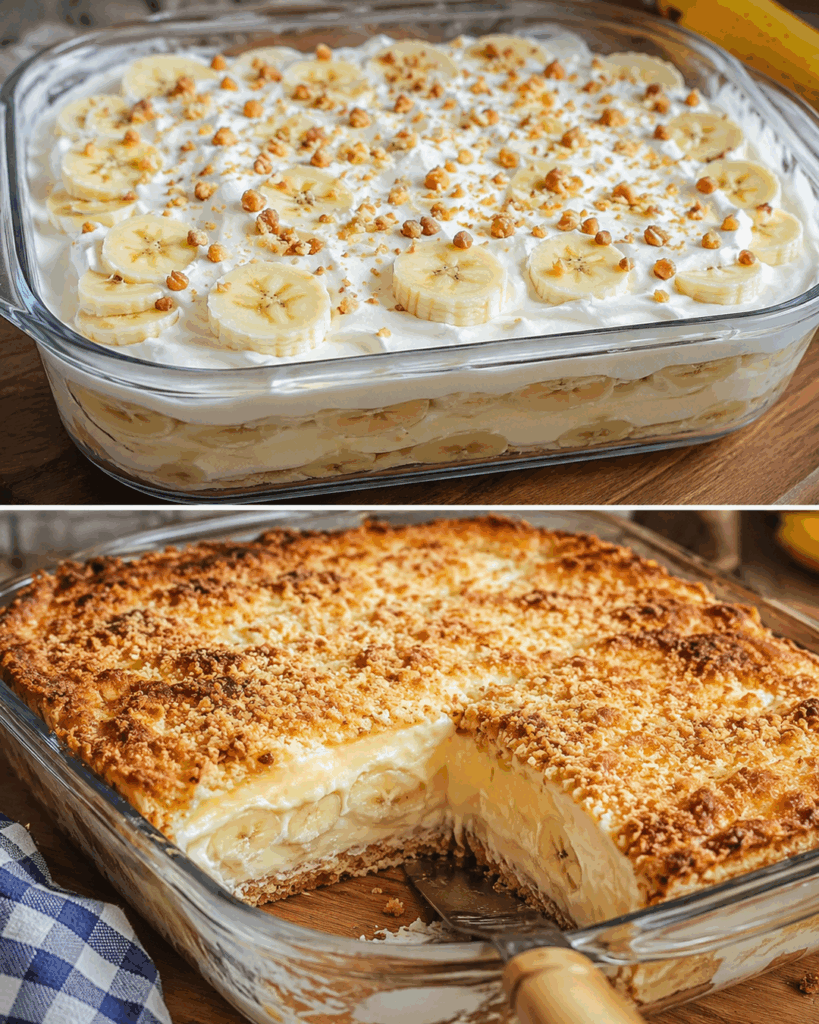 Cremiger Bananen-Pudding-Auflauf mit knuspriger Keksdecke – ein Dessert, das alle lieben