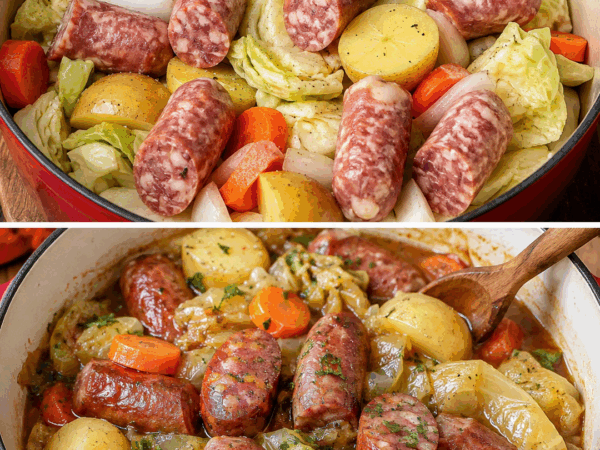 Herzhafter Schmortopf mit Würstchen, Kohl und Kartoffeln – Familienessen aus einem Topf