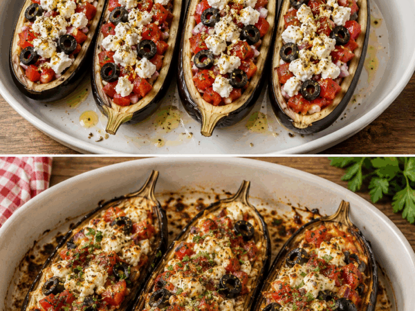Griechisch gefüllte Auberginen mit Feta, Tomaten und Oliven